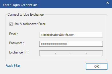 The Enter Login Credentials dialog box appears, offering two methods to connect to the Live Exchange Server: Use Autodiscover Email and manually enter the server details.